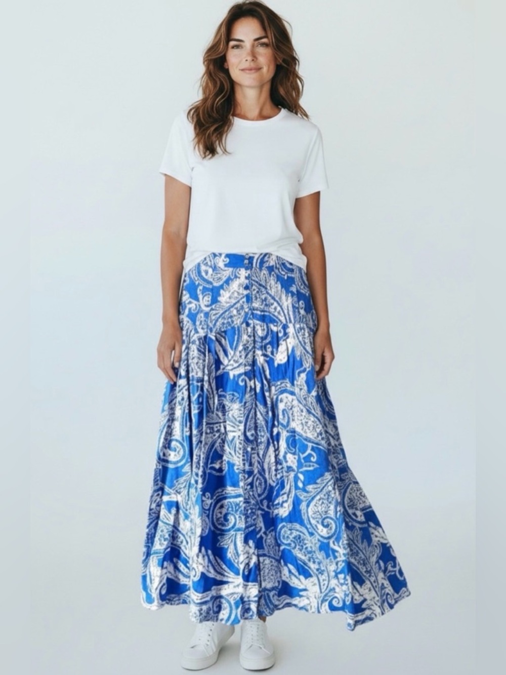 Free People Boho Blue Paisley Maxi Skirt Lined with Side Zipper Size12 New
